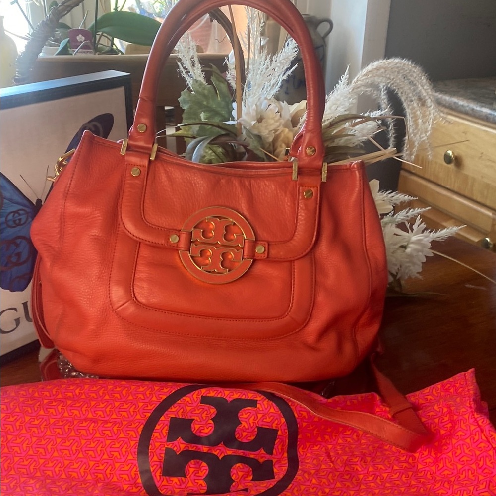 Tory Burch Orange Leather Shoulder Bag with Iconic Logo and Tory dust bag